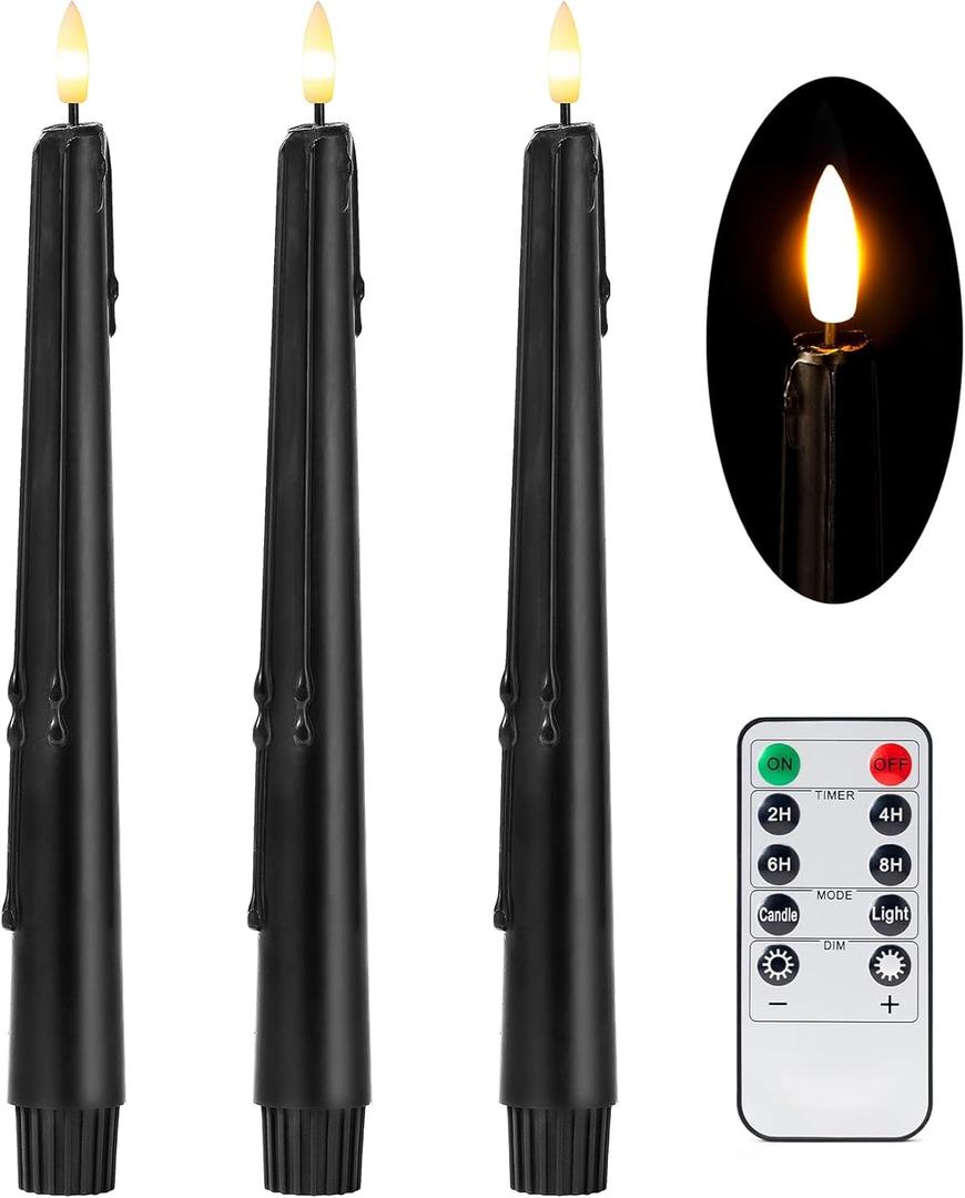 Black Flameless Taper Candles with Remote and Timer - 9.65 Inch Real Wax LED Candlesticks - Wax Drip Battery Operated Halloween Taper Candles with 3D Flickering Flame Halloween Decor, 3 Pack