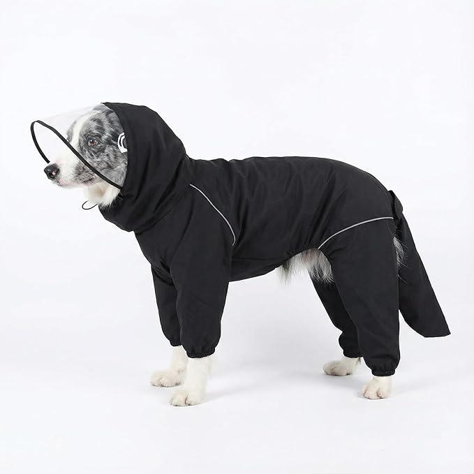 Dog Raincoat for Medium Large Dogs,rain Jacket Coat, Full Leg Coverage Waterproof Rain Suit with Detachable Hood & Tail, Reflective Strips, Snag-Free Top Zipper (Black for Boy, M-Large)