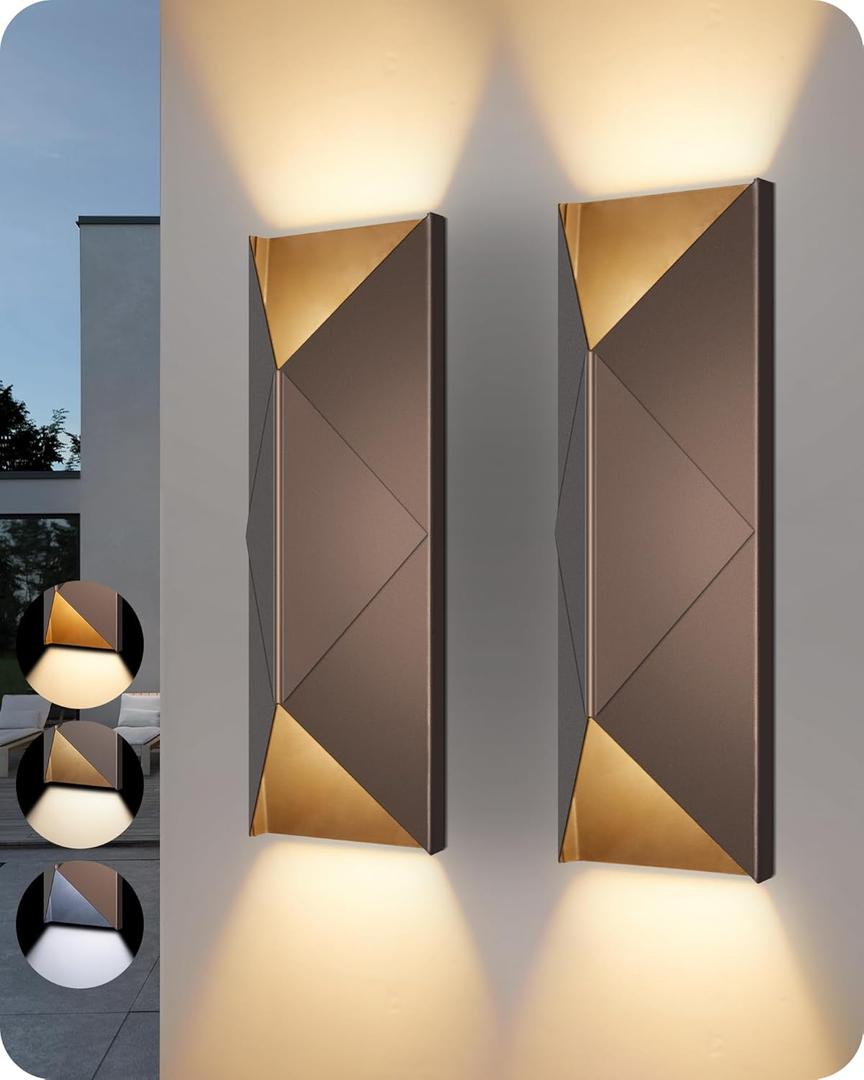 EDISHINE Up Down Modern Outdoor Wall Light, Dimmable LED Outdoor Wall Sconce, 3CCT Front Porch Light, IP65 Waterproof, Exterior Lighting Fixtures, Brown with Gold Spray Finish, 2 Pack