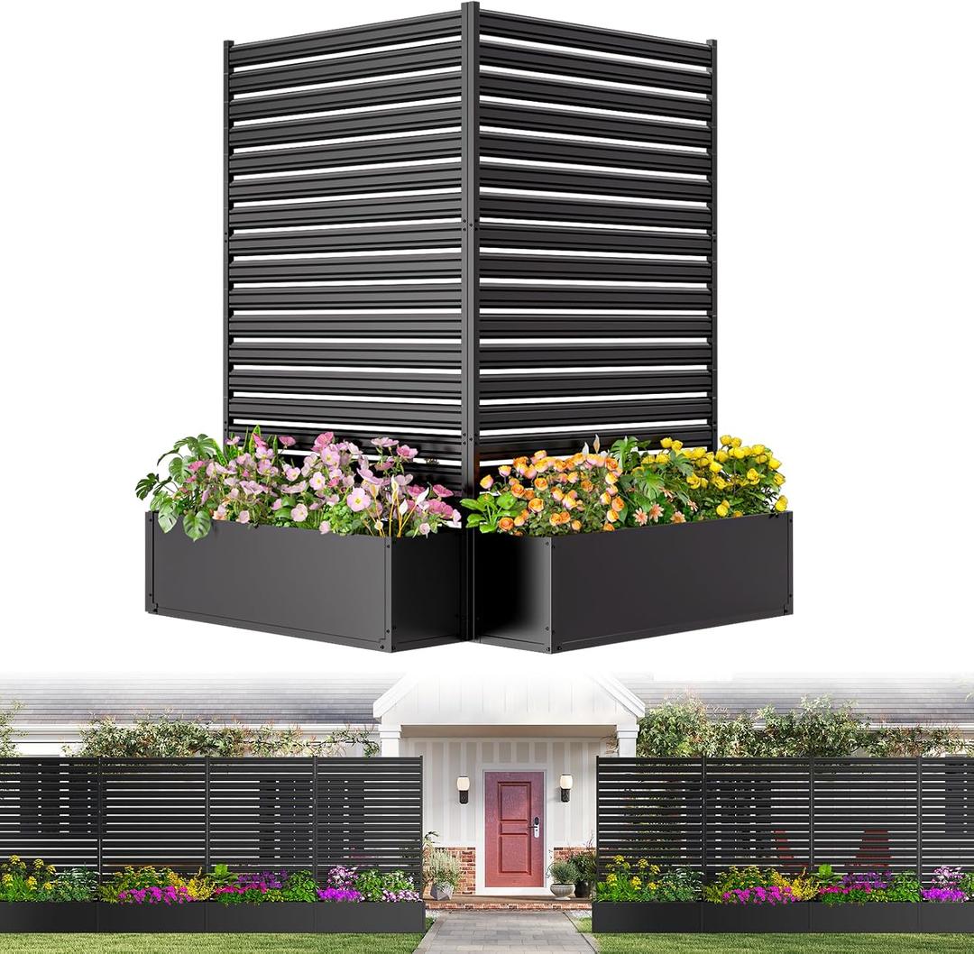 1 Panel No-Dig Metal Patio Privacy Fence Screen with Planter Box, 73.8" H 45.3" W Air Conditioner Fence Enclosure, Rustproof Outdoor AC Fence Cover for Trash Cans, Pool Equipment & Garden Decor