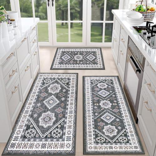 HEBE Boho Kitchen Rug Sets 3 Piece with Runner Non Slip Kitchen Rugs and Mats Washable Kitchen Mats for Floor Thick Kitchen Floor Mat Carpet Runner Rugs for Hallway Laundry Holiday Decor