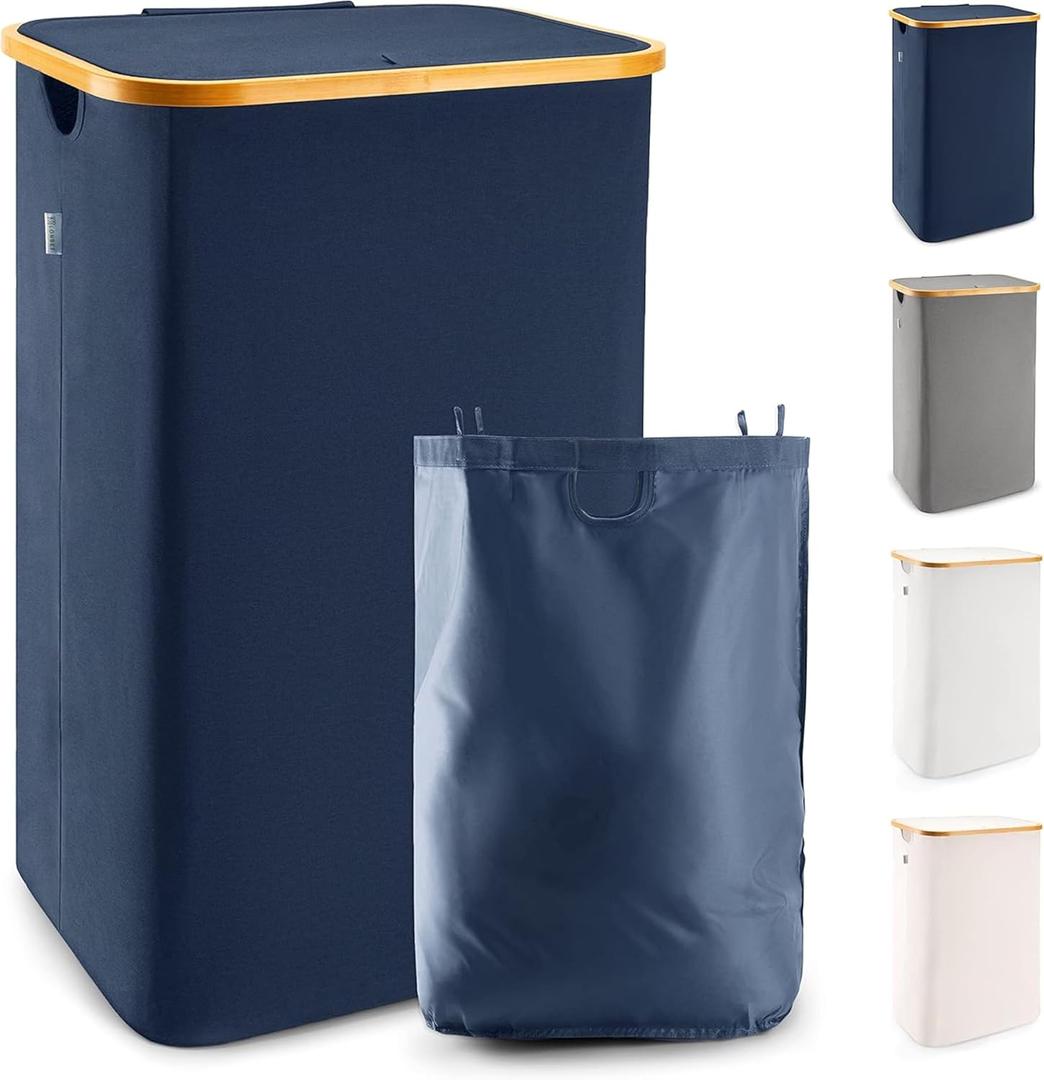 LONBET 26 Gal. Laundry Basket with Lid, Made from Breathable Fabric Aesthetic Clothes Hampers for Laundry with Side Handles & Sturdy Bamboo Frame Laundry Hamper with Lid & Removable Bag, Blue
