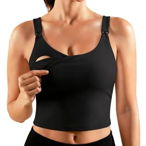 Ecavus Nursing Bras for Breastfeeding Longline Sports Maternity V Neck Buttery Soft Crop Tank Top with Built in Bra (Medium, Black)