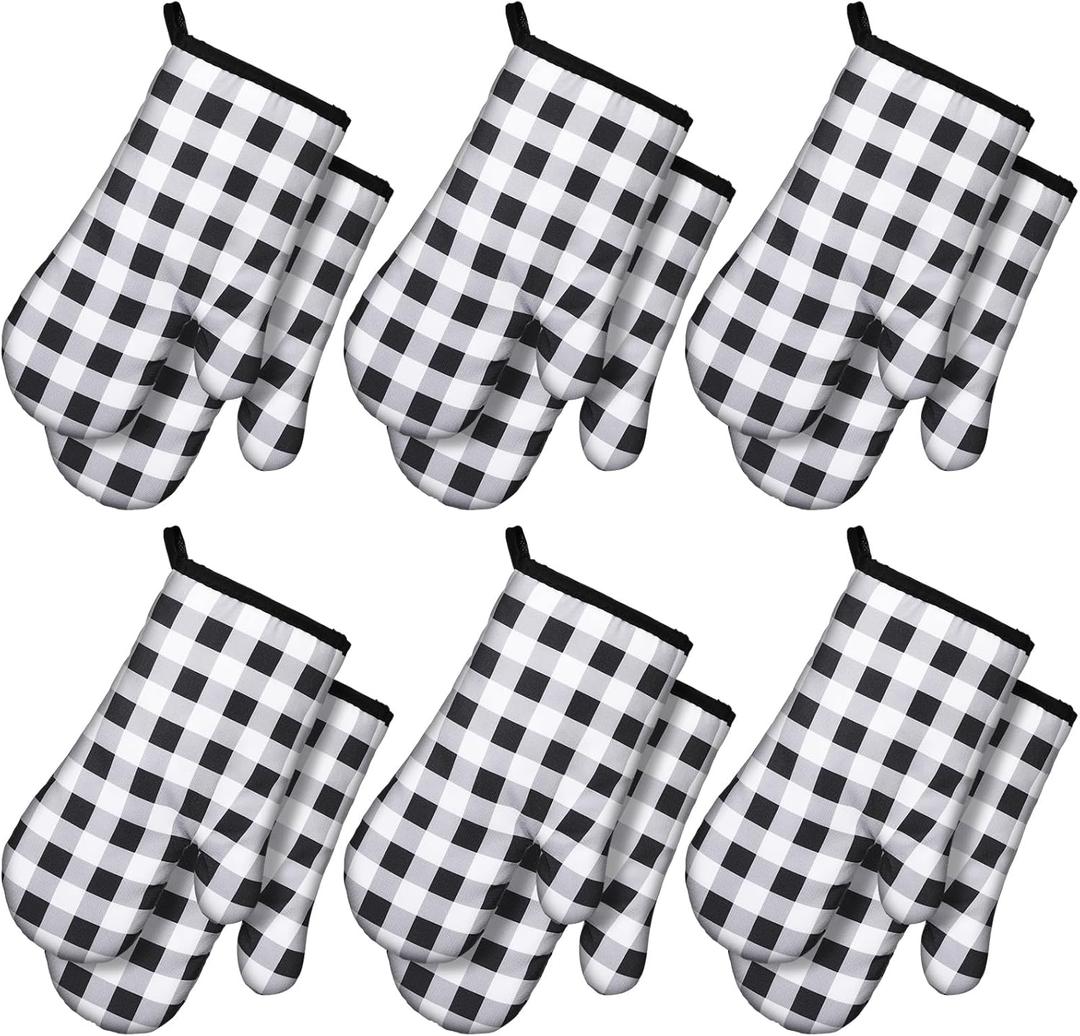 Tatuo 6 Pairs Black and White Checkered Oven Mitts Heat Resistant, Vintage Retro Checkerboard Cute Oven Mitts, Extra Thicken Kitchen Gloves, 6''x11''