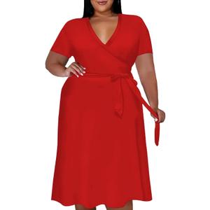 Tycorwd Women's Plus Size Midi Wrap Dresses Summer Short Sleeve Flowy Swing Beach Dress with Belt and Pockets (Red, 4XL)
