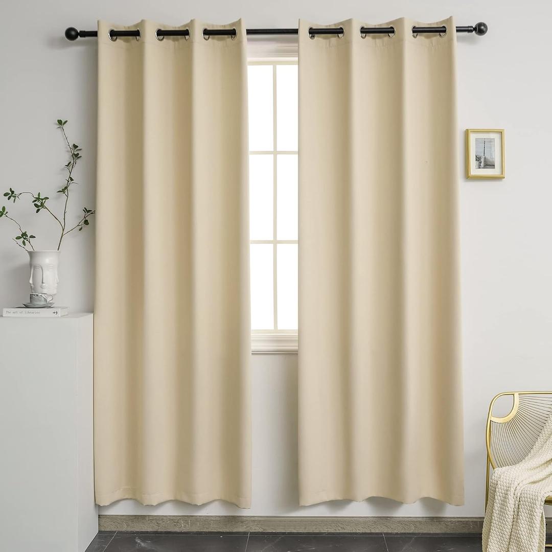 YGO Thermal Insulated Blackout 72 Inch Long Beige Curtain Panels Pair Nickel Grommet Window Drapes for Bedroom Living Room Beige Set of 2