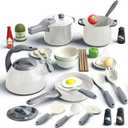 Bruvoalon 32Pcs Kids Play Kitchen Toys Set, Toddlers Pretend Cooking Playset Acccessories with Pots Pans, Utensils Cookware, Foods, Canned Veges, Learning Gift for Kids Girls Boys (White)