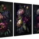 Krtoni 3PCS Framed Dark Flower Wall Art, Neutral Black Peony Floral Canvas Artwork Prints, Rustic Boho Farmhouse Flower Botanical Picture Paintings for Living Room Bedroom Office 12W x 16H