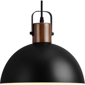 Eustace 11.8" Wood and Metal Black Pendant Light Fixtures, Modern Farmhouse Pendant Lamp, Industrial Dome Hanging Lights for Kitchen Island Dining Room Hallway Restaurant Entryway (Wood + 11.8in)