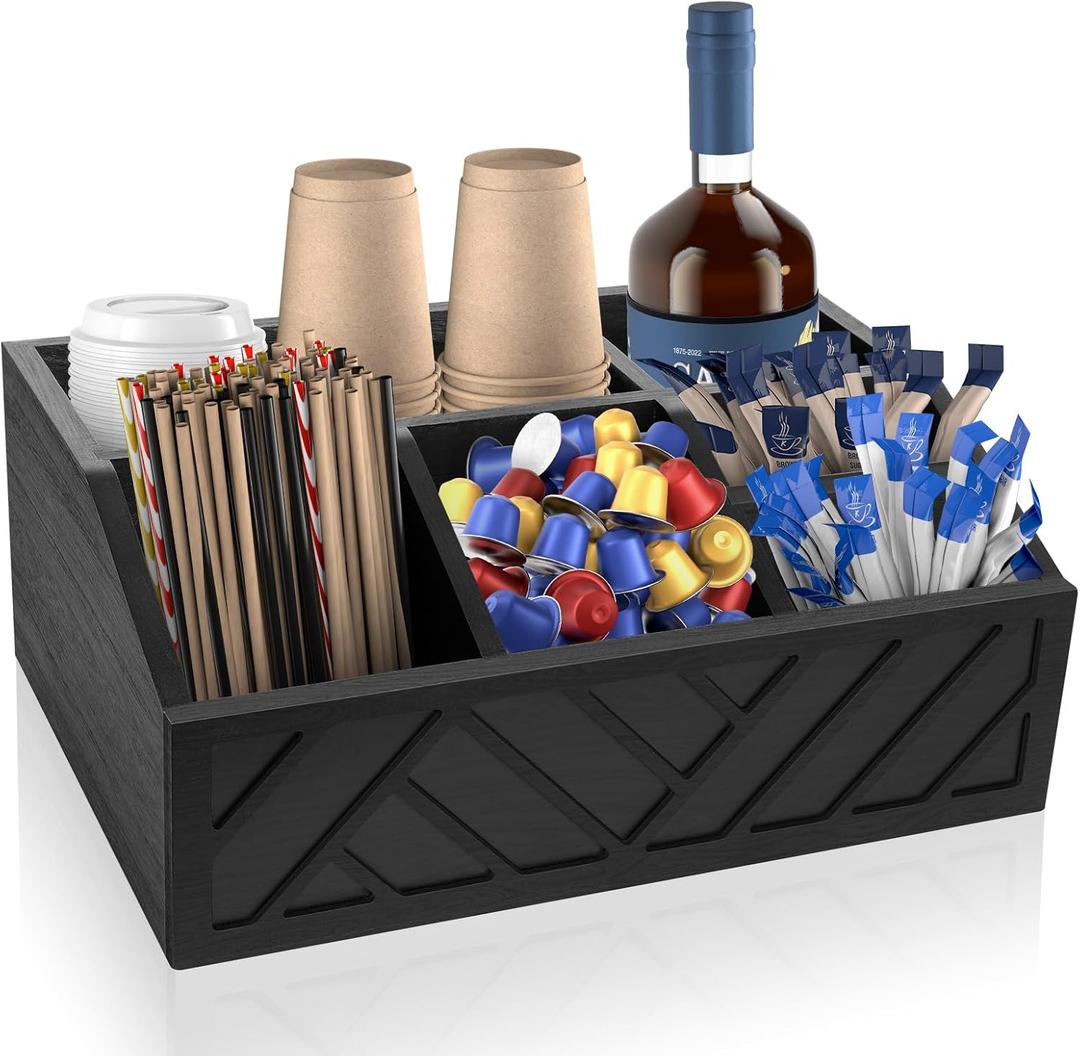 Moderock CoffeePod Holder Coffee Bar Condiment Storage Wooden Coffee Bar Accessories Holder for Countertop, CoffeePod & Syrup Organizer, Farmhouse CoffeeStation Organizer (Black).