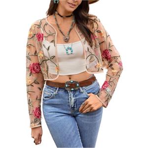 OYOANGLE Women's Floral Embroidered Sheer Bolero Open Front Crop Jackets Long Sleeve Mesh Summer Cardigan Tops (XL)