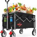 Collapsible Foldable Wagon, Heavy Duty Wagons Carts Foldable with Two Drink Holders and All Terrain Rolling Wheels with Brake, Utility Grocery Wagon Cart for Camping Shopping Sports and Fishing (Black)