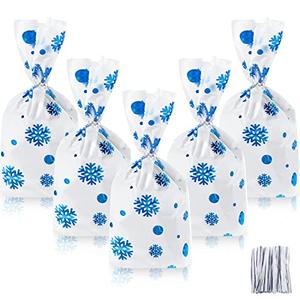 Unique Part Bags 100 Pcs Christmas Favor Bags Snowflake Santa Claus Treat Bags Flat Cellophane Plastic Container for Bakery Cookies Candies Dessert with 100 Pieces Twist Ties(Snowflake,Blue)