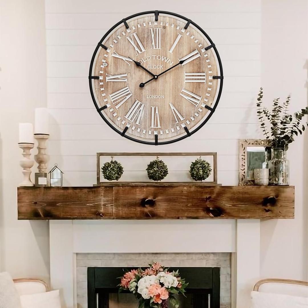 20 Inch Large Farmhouse Wall Clock, Rustic Antique Wood with Metal Circle and Large Engraved Numerals, Silent Battery Operated Wall Clock for Office Kitchen Bedroom Living Room (Brown)