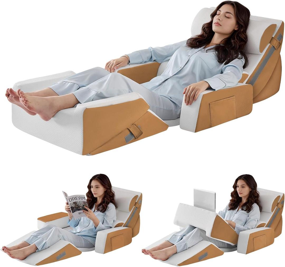 Yojoker 9PCS Orthopedic Bed Wedge Pillow Set for Sleeping, Back and Leg Pain Relief, Post Surgery Foam Pillow for Body, Triangle Adjustable Support Pillow - Acid Reflux Sleeping Pillows Brown
