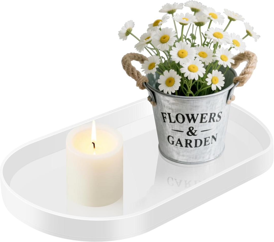 Acrylic Vanity Serving Tray14"x8.5" Decorative Capsule Shape Tray for Bathroom, Dresser, Coffee Table  Sleek Minimalist Lucite Tray for Perfume, Jewelry, Makeup Organizer (1pack, Glossy White)