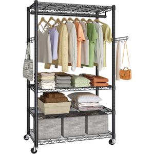 SONGMICS Heavy-Duty Rolling Clothes Rack, Garment Rack, Portable Closet on Wheels, with Adjustable Mesh Shelves and Hanging Rails, Hooks, 15.8 x 35.4 x 78.3 Inches, Ink Black ULGR418BH01