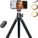 Phone Tripod with Light, Portable and Flexible Phone Stand for Video Recording with Wireless Remote, 360 Rotating Tabletop & Travel Tripods for iPhone, Smartphones, Camera