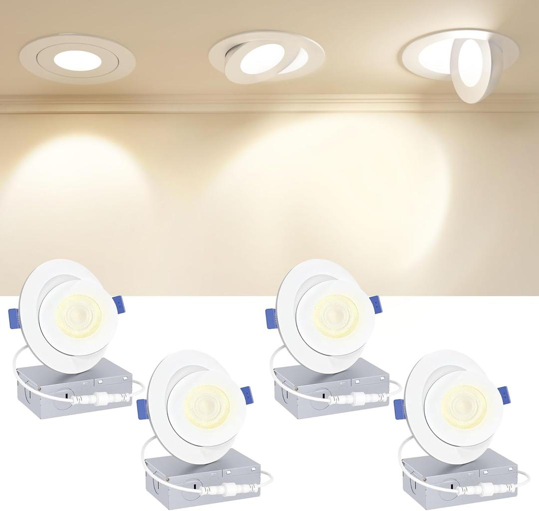 Ensenior 4 Pack 4 inch Gimbal Led Recessed Light with Junction Box, 90 Adjustable Directional Eyeball Lighting, Dimmable, 2700K/3000K/3500K/4000K/5000K, 900LM, 9W=85W-ETL&FCC Certified