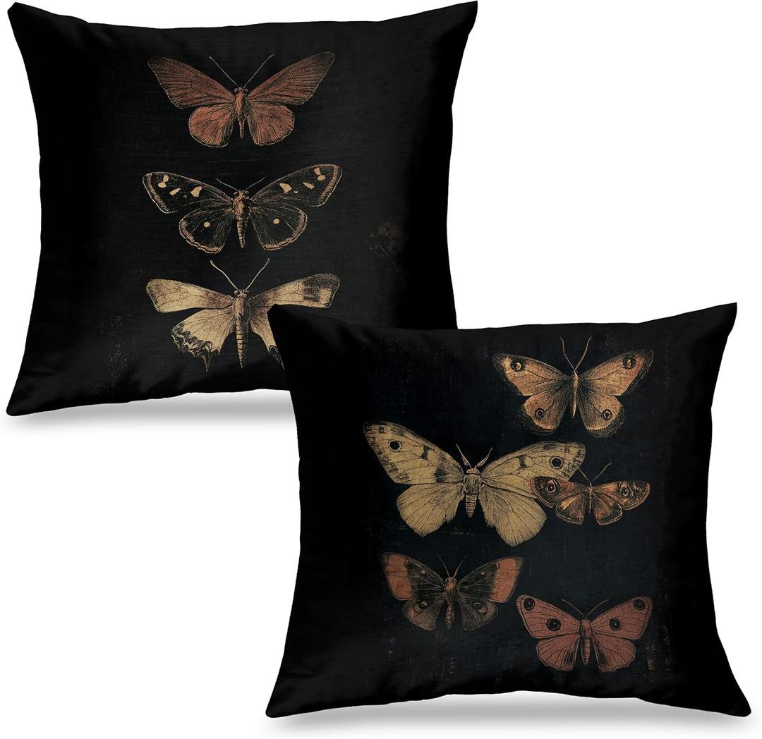 Vintage Victorian Gothic Butterfly Pillow Covers 18x18 Set of 2, Butterfly Room Decor, Moody Dark Academia Moth Decorative Throw Pillow Covers for Home Bedroom Living Room
