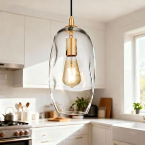 Gold Pendant Light Fixtures Adjustable Modern Kitchen Island Lighting Glass Organic Ceiling Hanging Light Fixtures for Bar, Counter, Patio, Over Sink, Dining Room,Table 12.5'' Height - Transparent
