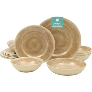 Gibson Home Casper Court 16-Piece Melamine Dinnerware Set  Beige Reactive Glaze Look Plates and Bowls, Service for 4  Top Rack Dishwasher Safe Everyday Dining Set