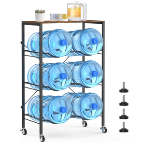 3 Tier 5 Gallon Water Jug Holder 6-Tray Water Jug Rack with Top Shelf and 4 Wheels Heavy Duty Movable Water Jug Stand,5 Gallon Water Bottle Holder for Kitchen Office Living Room, Brown & Black