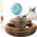 Kitty Curlz Interactive Cat Toy, Brown Accordion Kitty Curls Scratching Board with Paw Design, Bell Ball, Magnetic Collapsible Tunnel for Cats