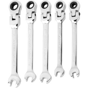 5pcs Flex Head Ratcheting Wrench Set, Metric 6-10mm Spanner Gear Ring Ratcheting Combination Wrenches Kit, Box End and Open End Wrench 180 Head 72-Tooth(COLOR:Silver)