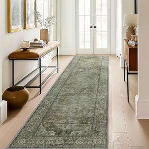 Runner Rug 3x7 for Hallway Living Room Bedroom, Washable Thin Chenille Rug, Print Vintage Tribal Aesthetic Carpet, Low Pile Mat with Non Slip Rubber Backing, Distressed Sage (Green/Olive)