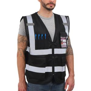 Dib Safety Reflective Vest High Visibility with Pockets and Zipper, Black L