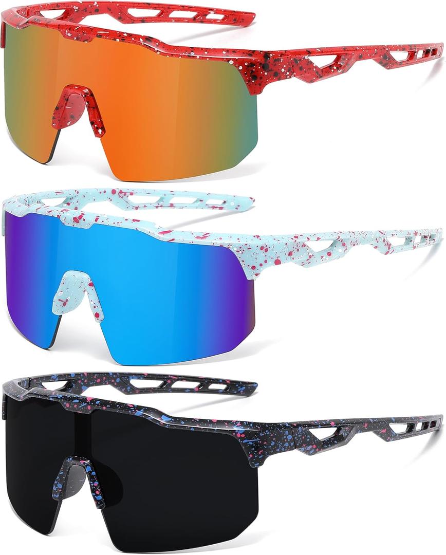 Youth Baseball Sunglasses for Boys Girls Softball Cycling Sports Sunglasses Kids Lightweight UV Protection (3pack-black+red+blue)