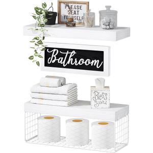 QEEIG Bathroom Shelves Over Toilet - Paper Storage Wall Mounted Farmhouse Decor Decorations Aesthetic Décor Sign Small Floating Shelf 2+1 Set 16 inch, White (020WW)