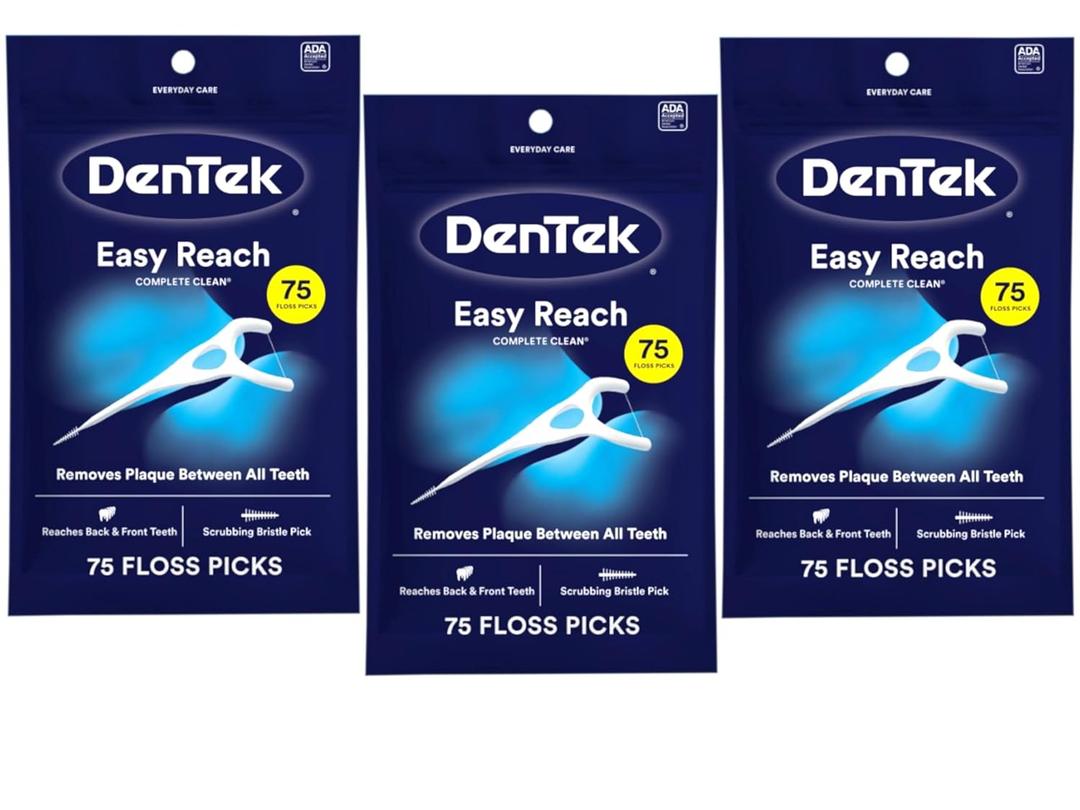 DenTek Easy Reach Complete Clean Floss Picks, with Strong Dental Floss, 75 Count, 3 Pack