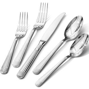 KINGSTONE 10-Piece Silverware Set, 18/10 Stainless Steel Flatware Set - Luxury Elegant Striped Cutlery with Dishwasher Safe, Durable for Family Dining, Catering, Weddings, Anniversaries Gift