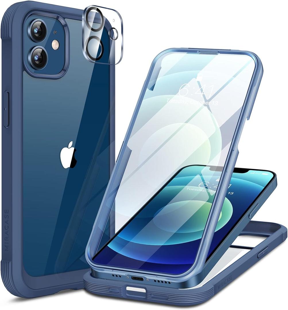 Miracase Glass Series for iPhone 12/12 Pro - Full-Body Rugged Protective Case with Built-in 9H Tempered Glass Screen Protector and Camera Lens Protector - Dark Blue