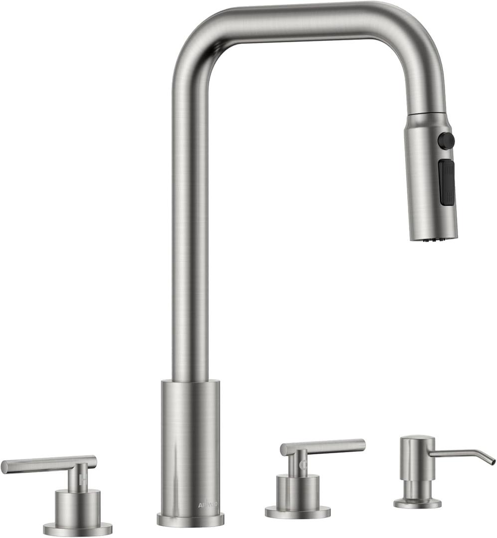 APPASO 4 Hole Kitchen Faucet with Pull Down Sprayer, 3 Hole Dual Handle Kitchen Faucet with Soap Dispenser and 3-Function Spray, 2 Handles Brushed Nickel Stainless Steel for 3-Hole & 4 Holes Sink