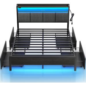 Rolanstar Bed Frame Full Size with Charging Station and LED Lights, Upholstered Storage Headboard with Drawers, Heavy Duty Metal Slats, No Box Spring Needed, Noise Free, Easy Assembly, Dark Grey