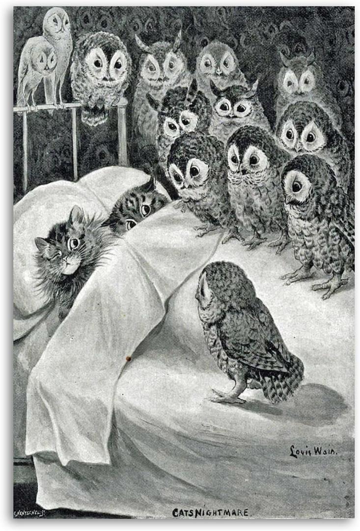 BUUTUUCE Louis Wain Cat Nightmare Owl Bird Canvas Art Poster And Wall Art Picture Print Modern Family Bedroom Decor Posters 16x24inch(40x60cm)
