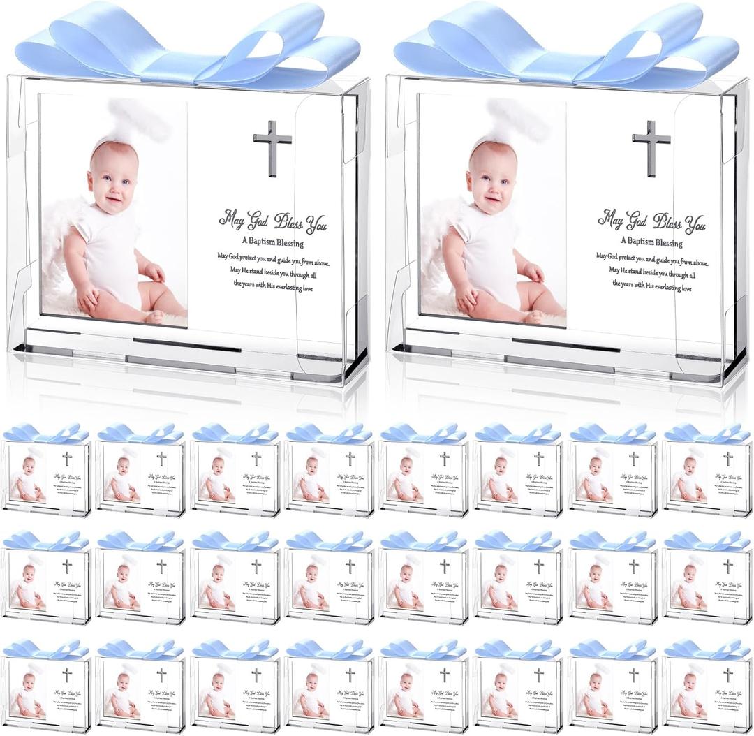 Vercraft 24 Set Baptism Picture Frame 3.5 x 5 Acrylic Baby Shower Baptism Favor Christening Gifts for Boy Girl with Plastic Crystal Boxes and Satin Ribbon Bows for Religious First Communion(Silver)