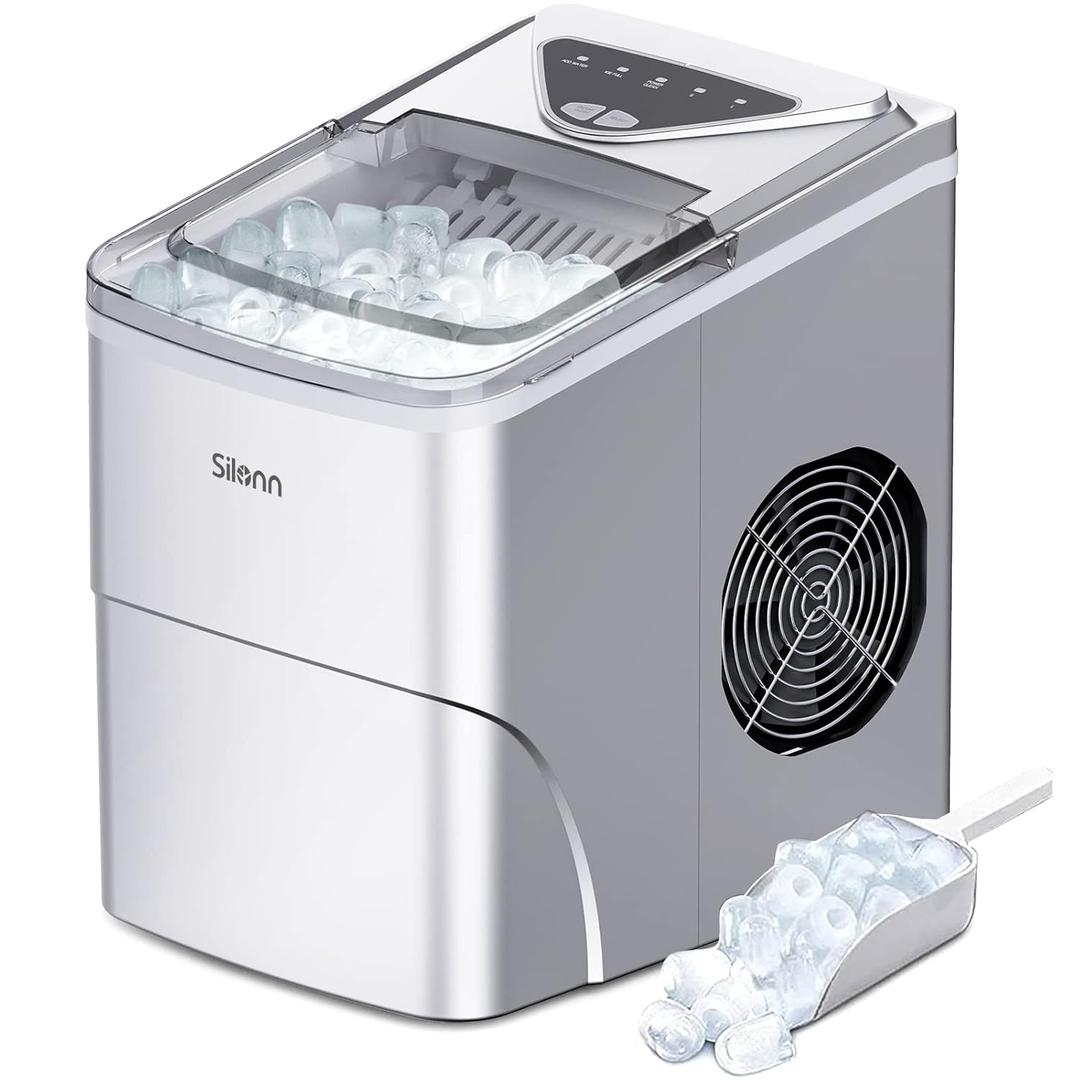 Silonn Ice Makers Countertop, 9 Cubes Ready in 6 Mins, 26lbs in 24Hrs, Self-Cleaning Ice Machine with Ice Scoop and Basket, 2 Sizes of Bullet Ice for Home Kitchen Office Bar Party, Sliver (Silver)