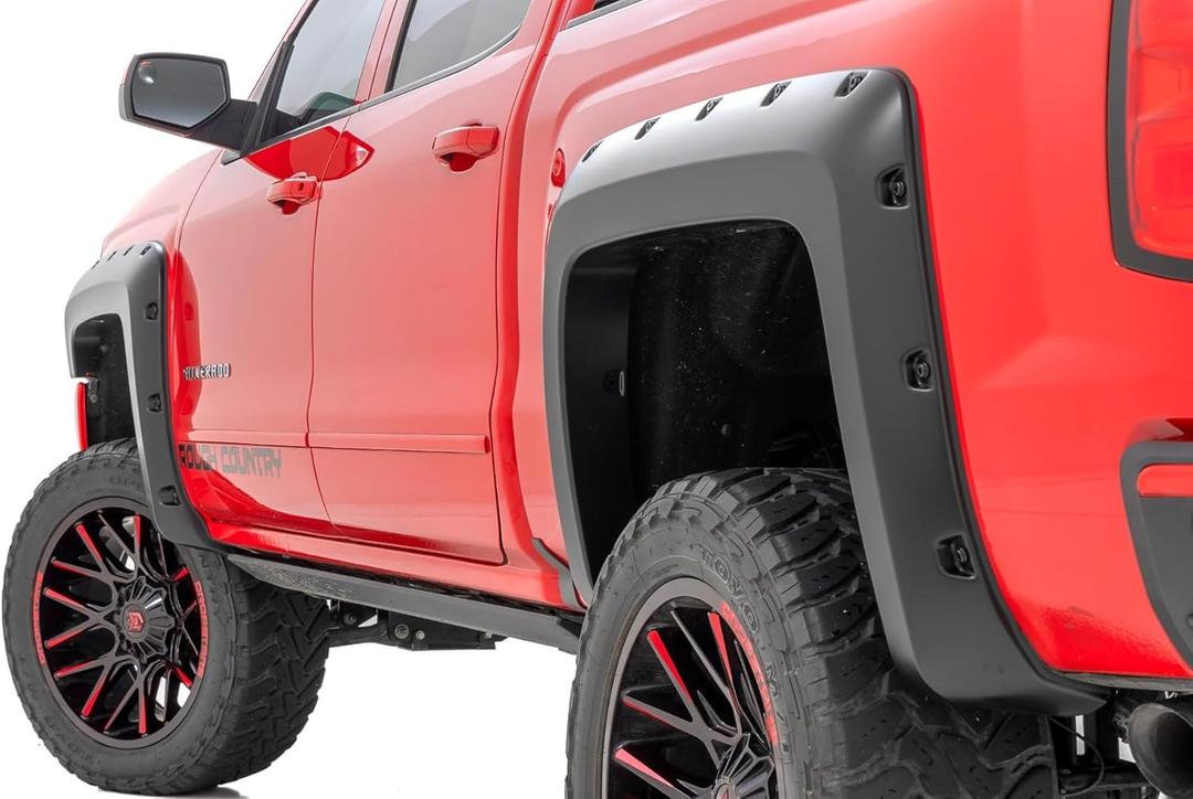 Rough Country Pocket Fender Flares for Chevy Silverado 1500 (2014-2018) 2500HD (2015-2019) - Fits 5'9" Bed, Bolt-on Rivet Style Wheel Flares, Flat Black, Set of 4