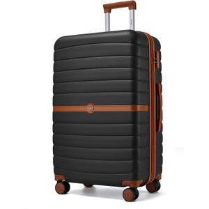 Kono Expandable 28 Inch Luggage with Spinner Wheels, Large Checked Luggage with Lock, Lightweight & Anti-Scratch PC+ABS Hardshell Travel Suitcase, Black/Brown