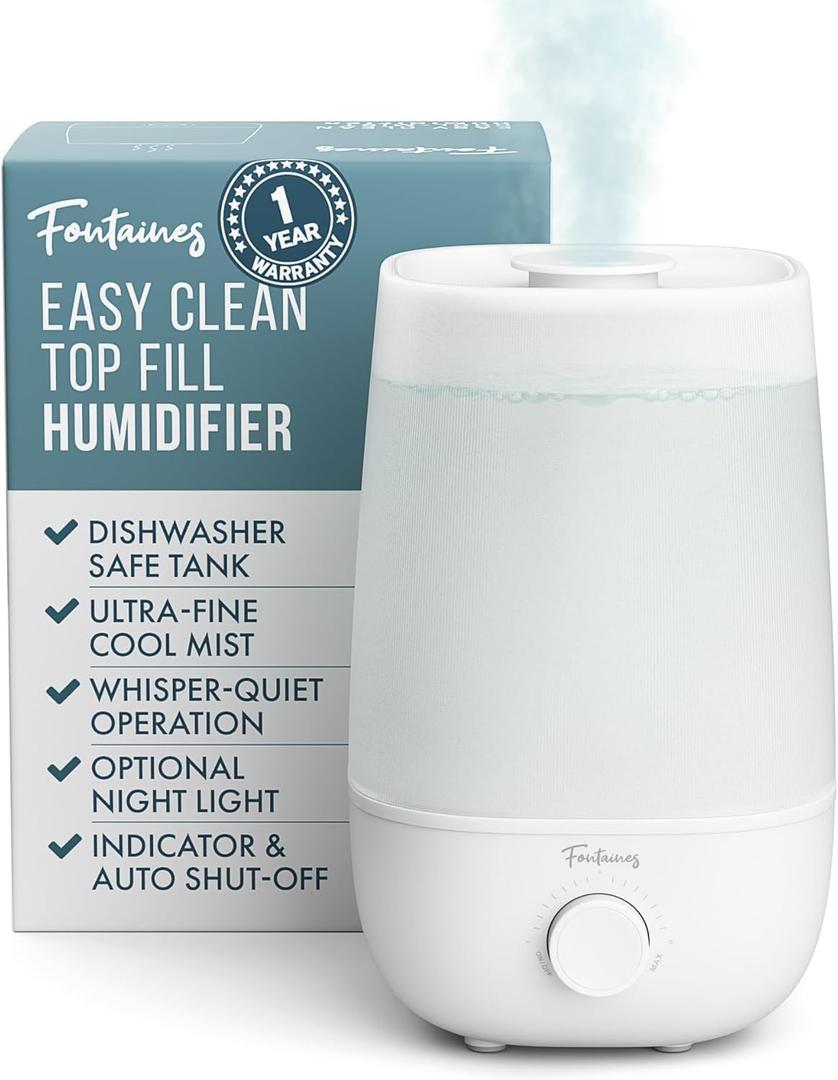 Fontaines Luxury Top-Fill Cool Mist Humidifier - 360 Ultra-Fine Spray, Whisper-Quiet Operation, Dishwasher-Safe Tank, Nightlight & Auto Shut-Off, Easy to Clean for Home, Bedroom, Baby Nursery