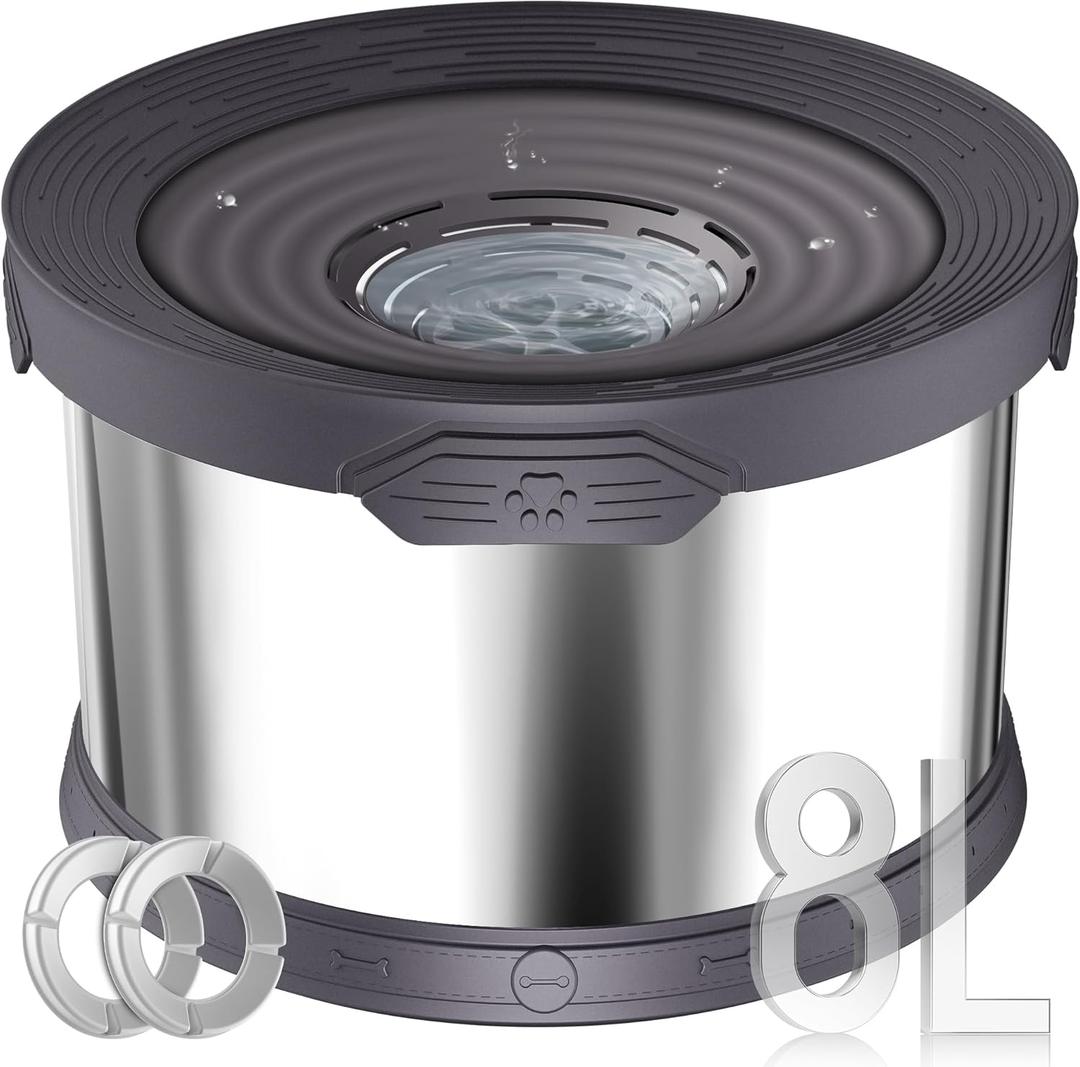 UPSKY Dog Water Bowl No Spill 8L Stainless Steel, 2.1 Gallon Large Capacity Spill-Proof Dog Bowls, Non-Slip Slow Drinking Anti-Splash Bowl for Large Messy Drinkers, No Mess Indoor/Outdoor Use, Gray (Grey)