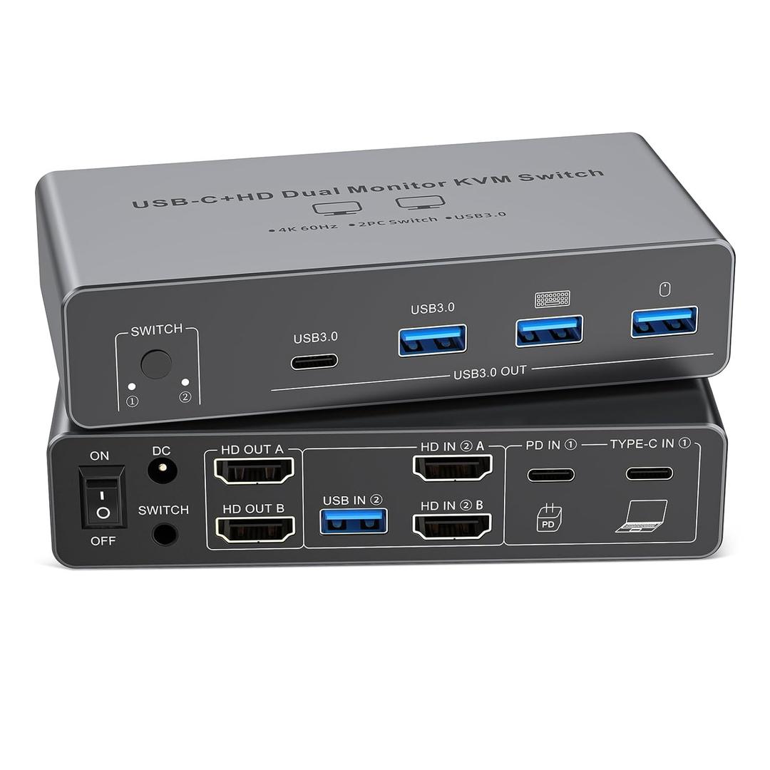 USB C HDMI KVM Switch 2 Monitors 2 Computers,4K@60HZ Dual Monitors KVM Switches for 2 PC/Laptops Share Mouse Keyboard and 2 Screens,4 USB3.0 Devices, Support 100W Charging for Laptop EDID Adaptive