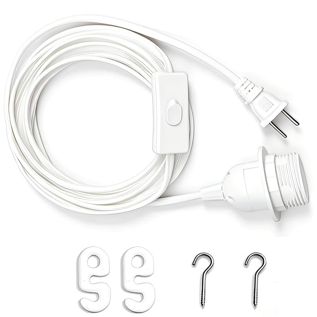 Pendant Light Cord, 25 Feet Hanging Lantern Cable, White, E26/E27 Socket with On/Off Switch, 360W
