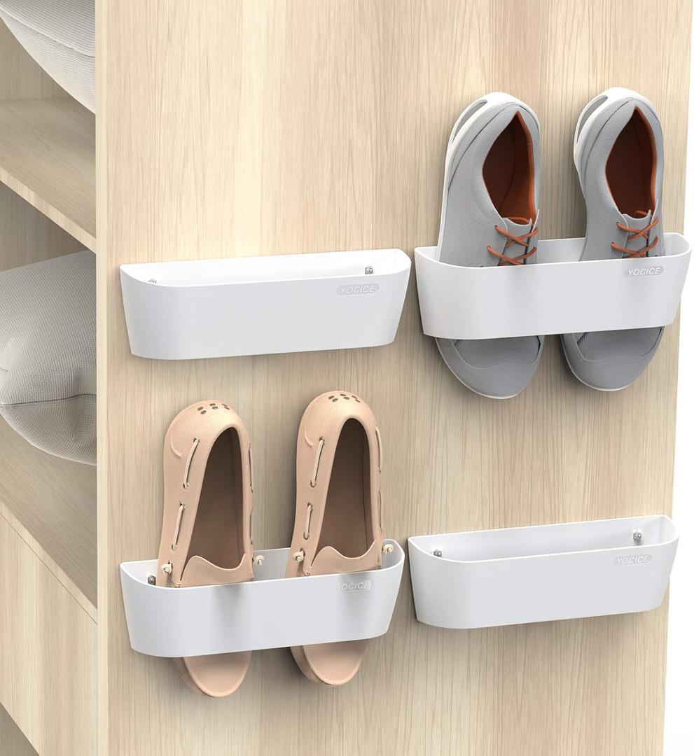 Wall Mounted Shoes Rack 4Pack with Sticky Hanging Strips, Plastic Shoes Holder Storage Organizer,Door Shoe Hangers (SM03-White-4)