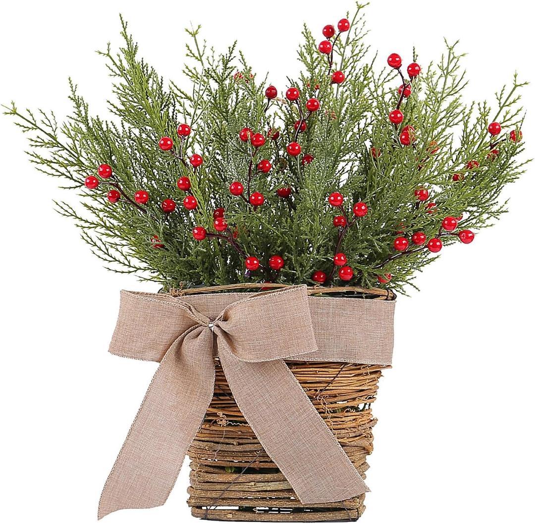 Hanging Christmas Wreaths for Front Door, Xmas Door Hanger Basket Winter Wreath with Berry Pine Needles for Indoor Outdoor Christmas Decorations