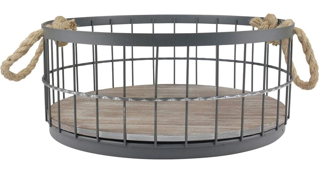 Stonebriar Round Stackable Metal Wire and Wood Basket Set with Rope Handles, Rustic Decor for Home Storage, Decorative Serving Baskets for Weddings, Birthdays, and Holiday Parties